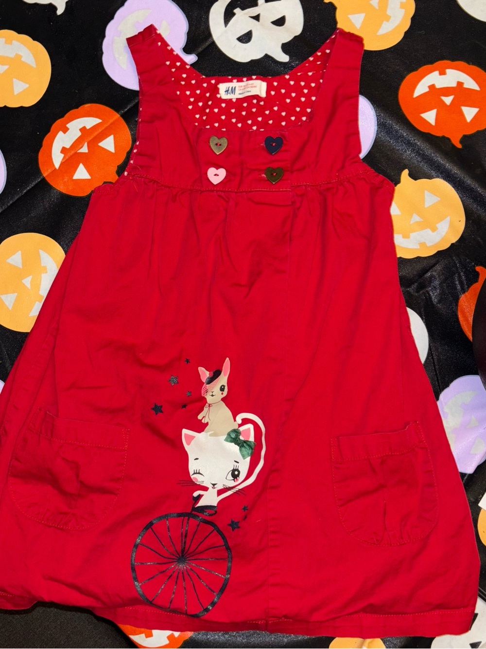 H&M Red Girls Cat & Bunny Pocket Dress with Heart Buttons size ~4/5~